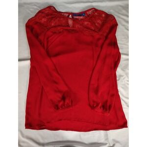 Apt. 9 Womens Red Lace Yoke Long Sleeve Blouse Top Size S Keyhole Back